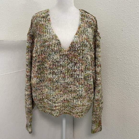 *Free People Oversized Chunky Knit V-Neck Sweater Rainbow Confetti size Small - Picture 1 of 10